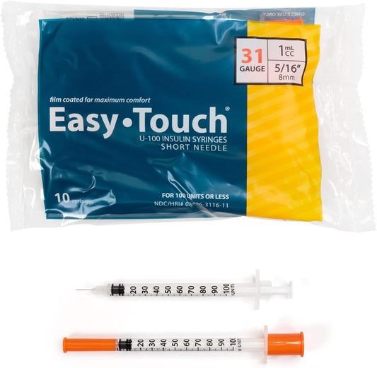 Pack of 10 - EasyTouch U-100 Syringe with Needle, 31G 0.5cc 5/16-Inch (8mm)