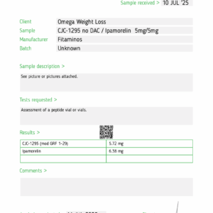CJC-1295 No DAC 5mg+ Ipamorelin 5mg – (10mg Research Blend) – 10mg Research Peptide (Lyophilized)