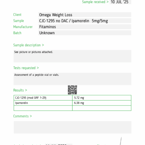 CJC-1295 No DAC 5mg+ Ipamorelin 5mg – (10mg Research Blend) – 10mg Research Peptide (Lyophilized)